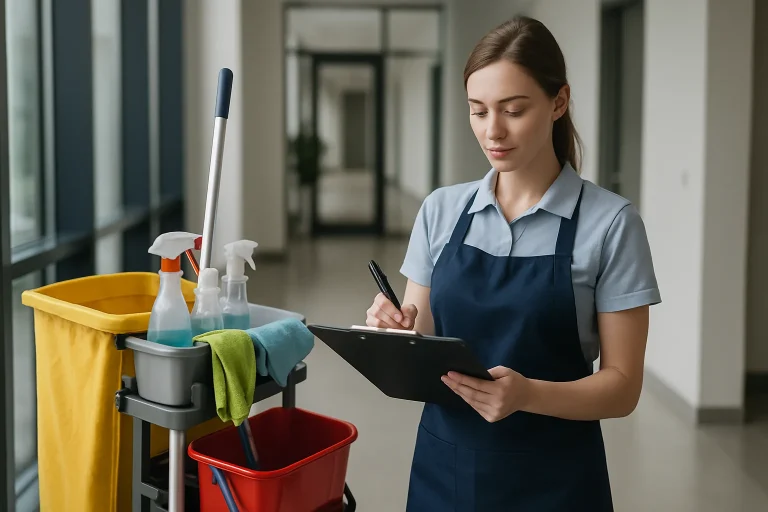 Un technicien de nettoyage effectuant des tâches dans un bureau à Champigneulles.