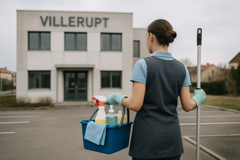 Un professionnel du nettoyage désinfectant un bureau à Villerupt, montrant l'attention portée aux détails.