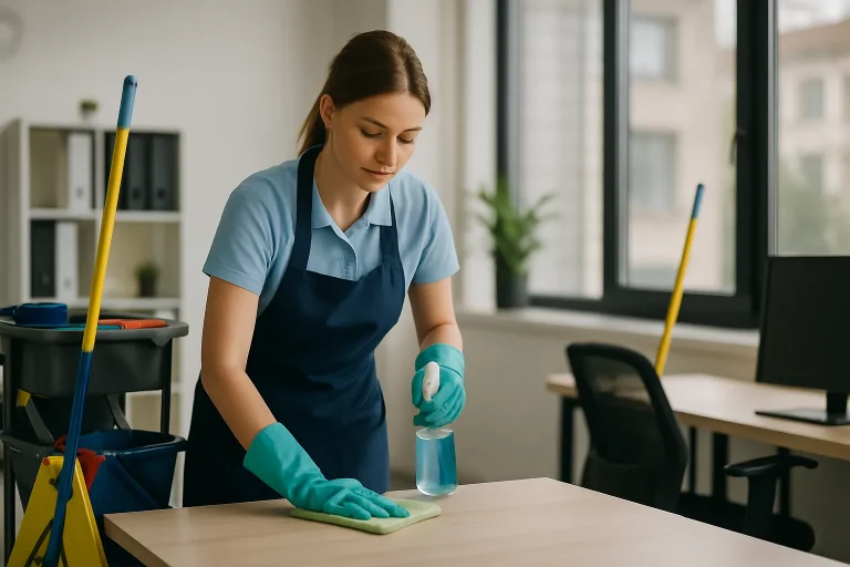 Un professionnel nettoyant un bureau à JOEUF avec des produits adaptés.