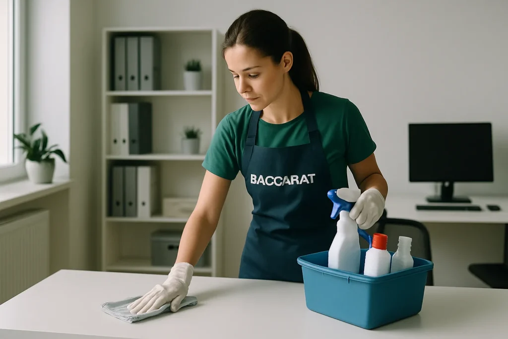 Un agent de nettoyage en train de désinfecter un appartement à Baccarat avec des produits écologiques.