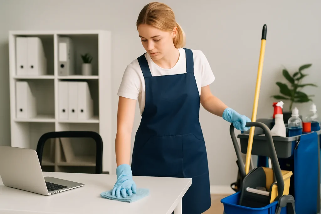 Équipe de nettoyage effectuant des travaux dans un appartement à Custines, avec des produits de nettoyage visibles.