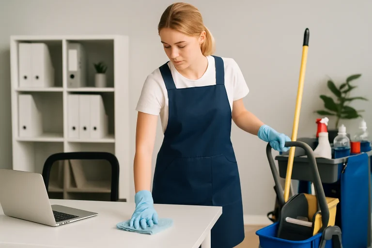 Équipe de nettoyage effectuant des travaux dans un appartement à Custines, avec des produits de nettoyage visibles.