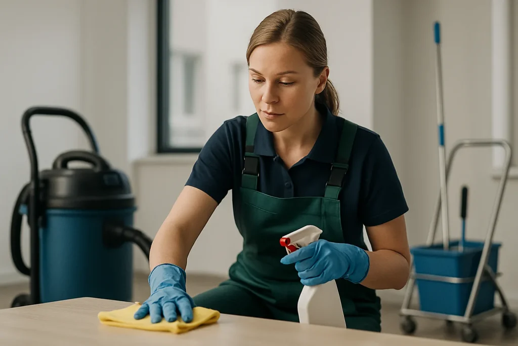 Professionnel du nettoyage intervenant dans un appartement à Dieulouard avec des équipements modernes.