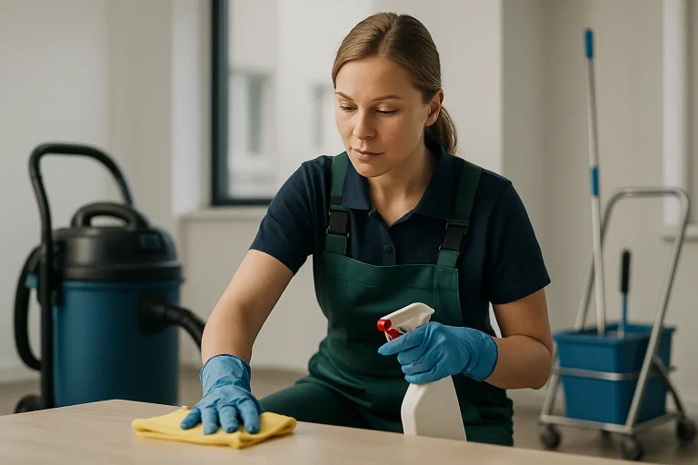 Professionnel du nettoyage intervenant dans un appartement à Dieulouard avec des équipements modernes.