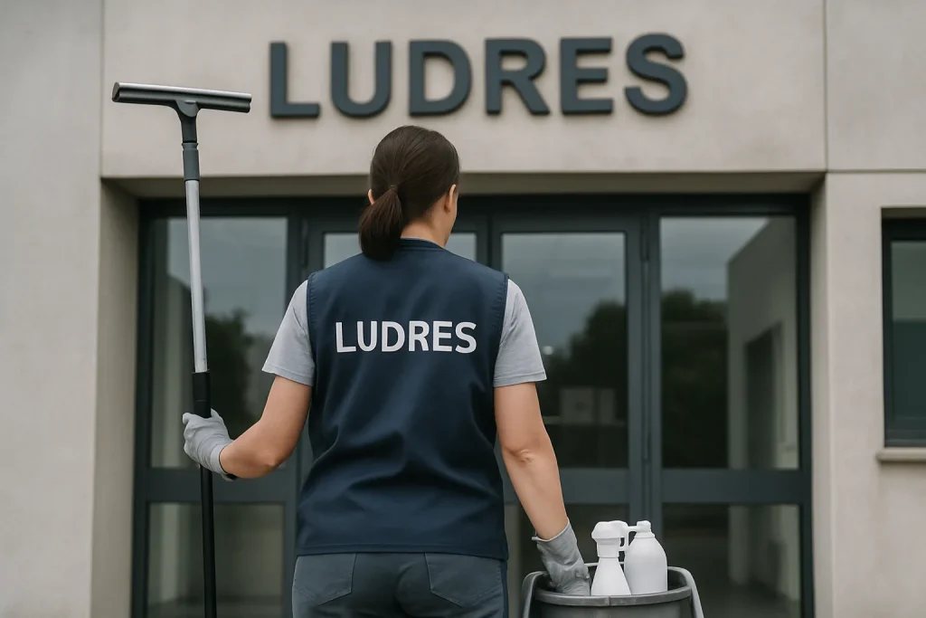 Un homme en uniforme de nettoyage nettoyant un bureau moderne à Ludres.
