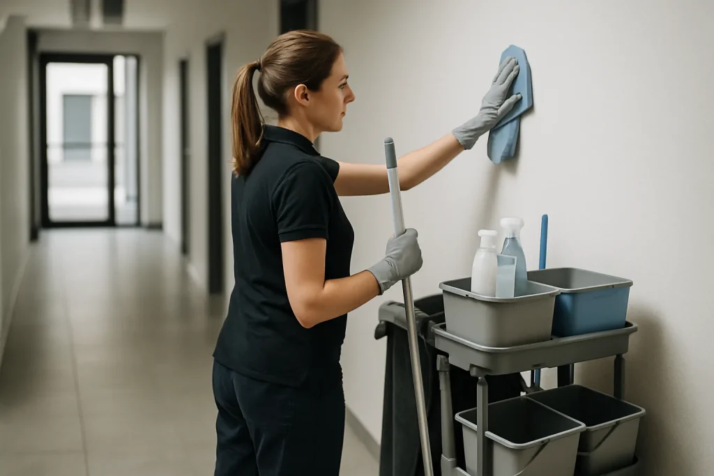 Un technicien de nettoyage à HERSERANGE nettoyant un appartement insalubre avec des équipements professionnels.