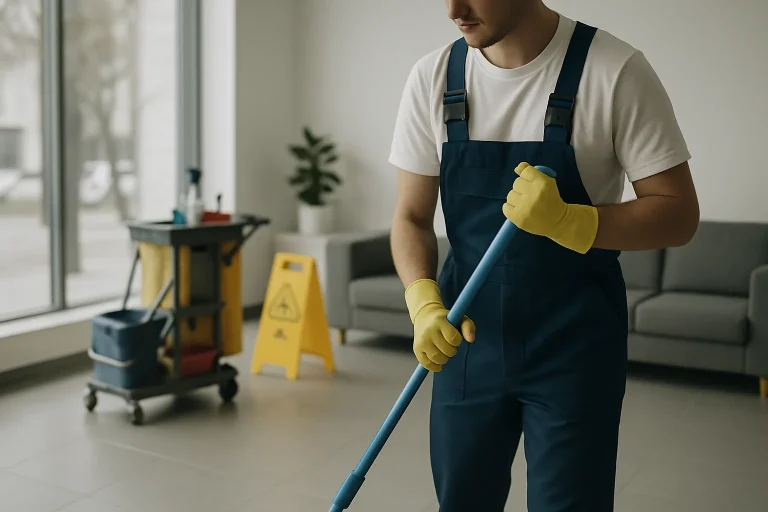 Un professionnel du nettoyage nettoyant un appartement à Haucourt-Moulaine avec des équipements modernes.