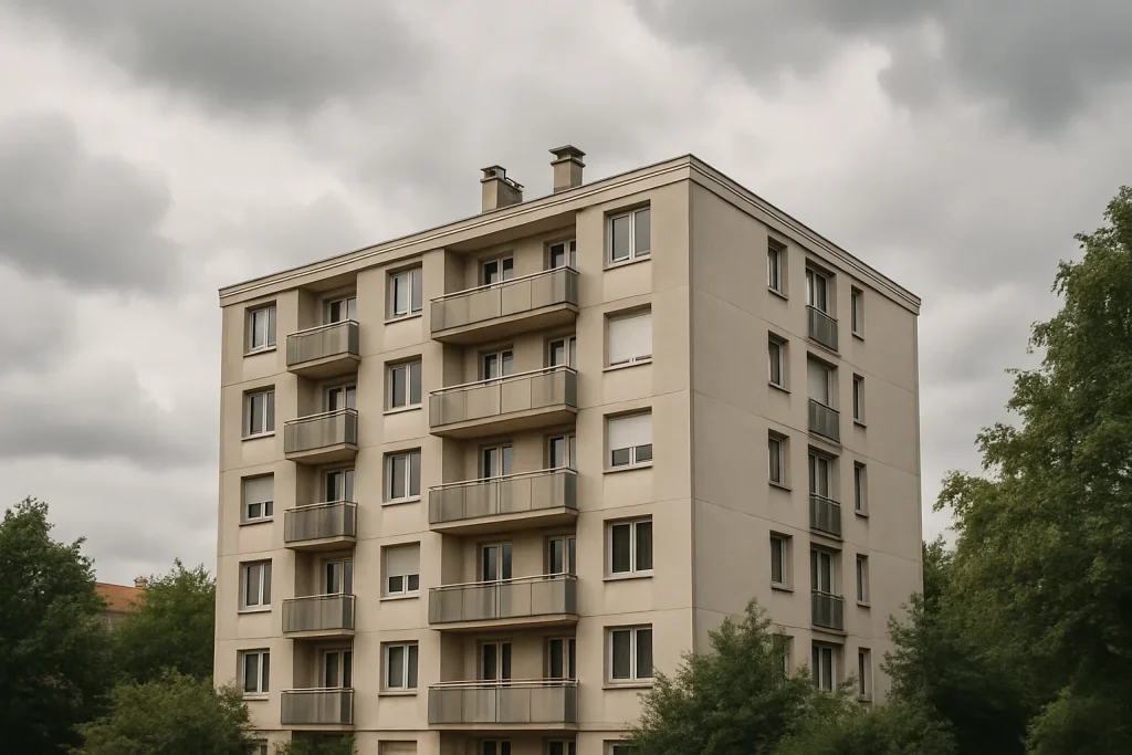Vue d'un immeuble résidentiel à Nancy, contexte de nettoyage après décès.