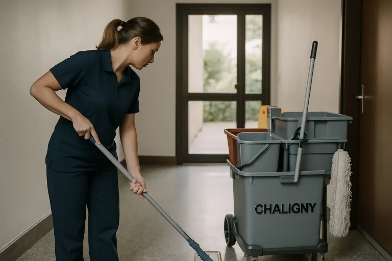 Une équipe de nettoyage à Chaligny nettoyant un appartement avec des équipements modernes.