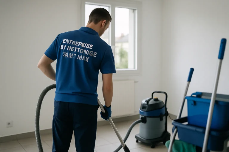 Équipe de nettoyage à Saint-Max utilisant des équipements pour nettoyer un appartement.