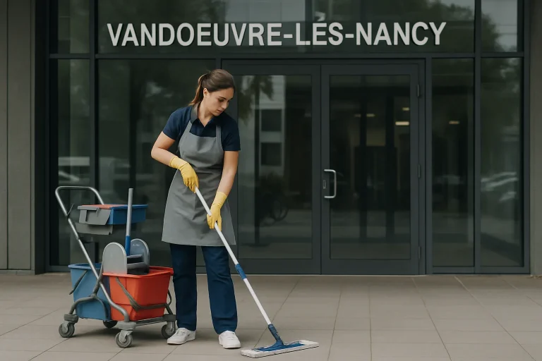 Équipe de nettoyage professionnelle nettoyant un appartement à Vandoeuvre-lès-Nancy.