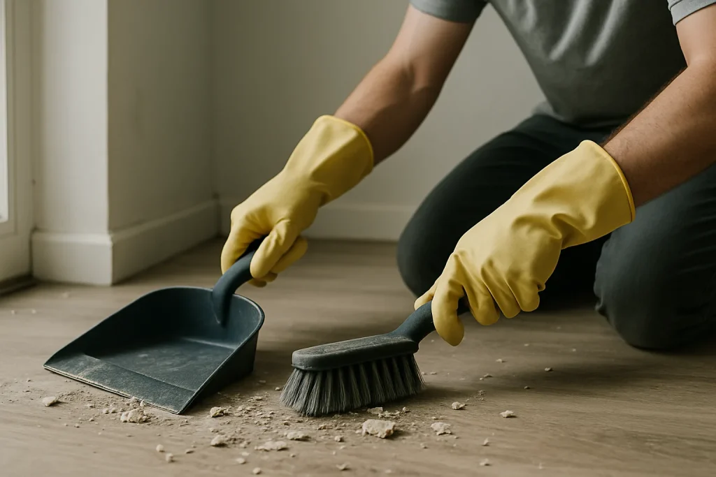 Mains portant des gants manipulant des outils de nettoyage dans une maison insalubre