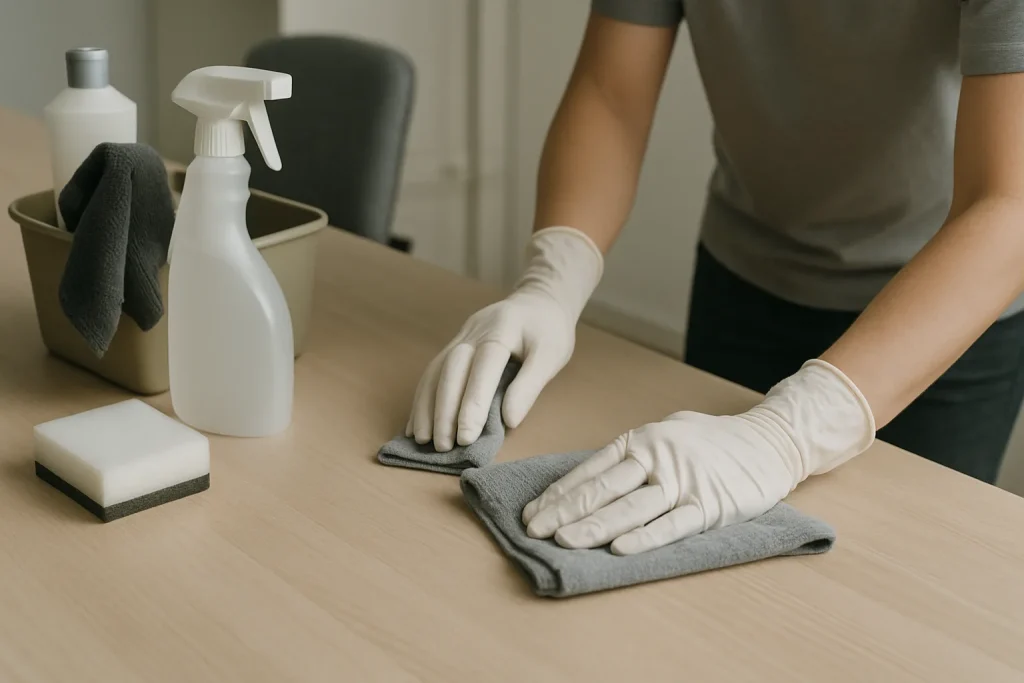 Mains utilisant des outils de nettoyage sur un bureau, lumière neutre, scène de travail
