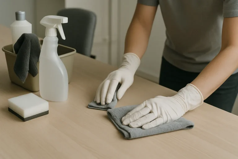 Mains utilisant des outils de nettoyage sur un bureau, lumière neutre, scène de travail