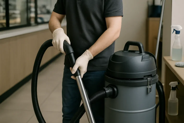 Mains en gants utilisant un aspirateur professionnel dans un commerce envahi par les punaises de lit.