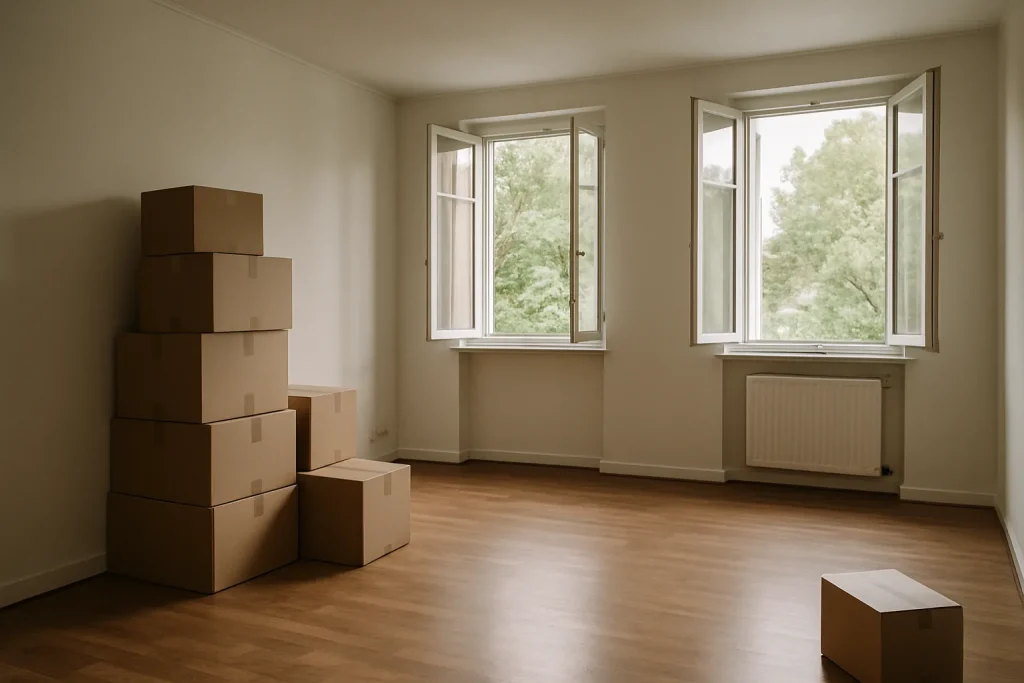 Appartement vide à Nancy avec cartons empilés, lumière douce.
