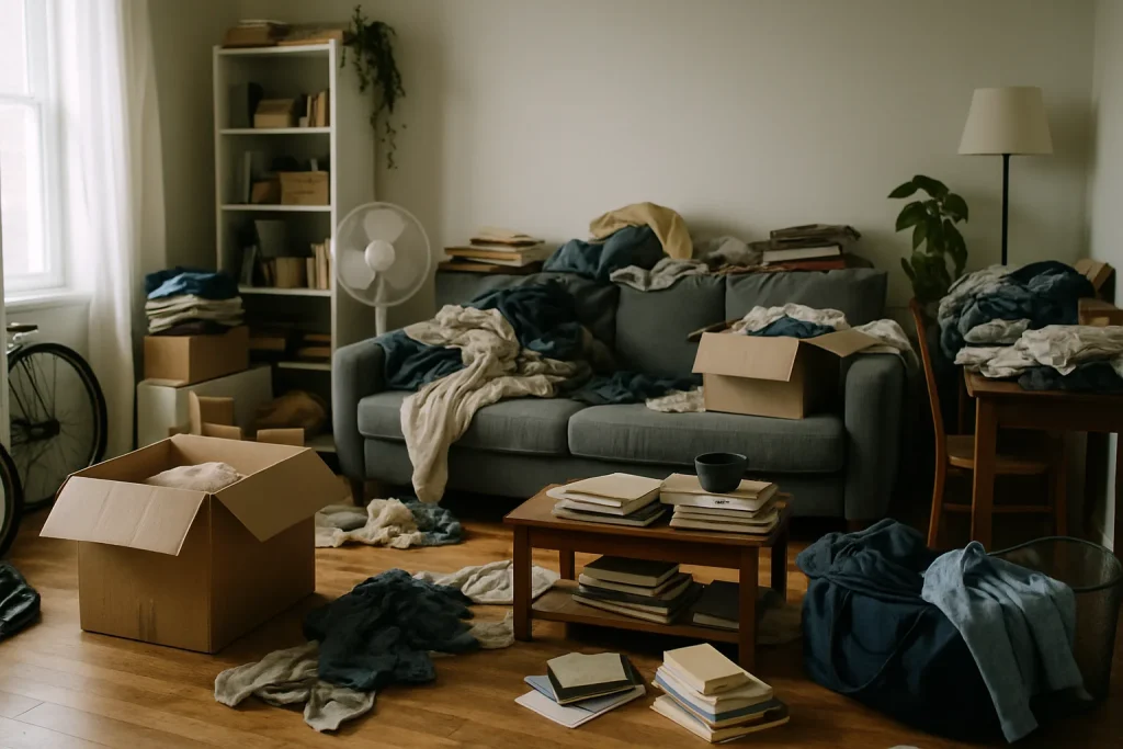 Appartement avec nombreux objets empilés, lumière douce, ambiance chaotique