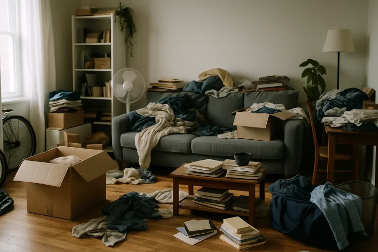 Appartement avec nombreux objets empilés, lumière douce, ambiance chaotique