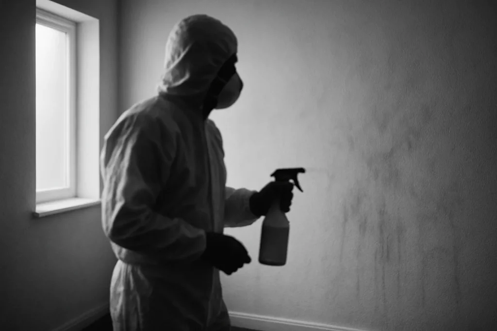 Technicien en combinaison de protection nettoyant une scène traumatique, en noir et blanc.