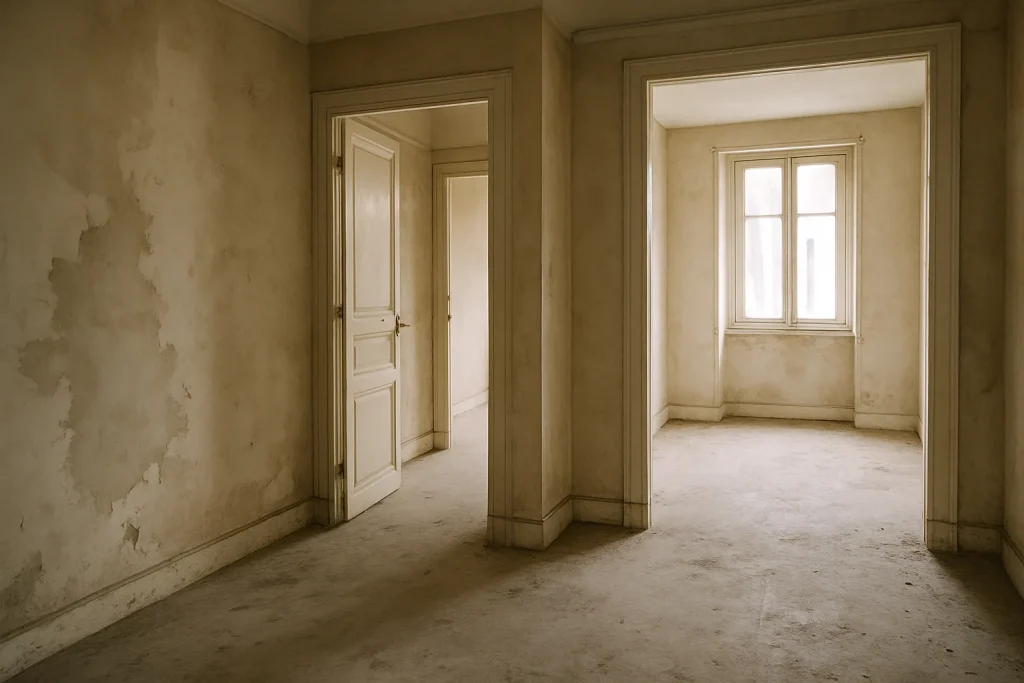 Appartement vide à Nancy avec murs abîmés et sol poussiéreux, éclairage doux