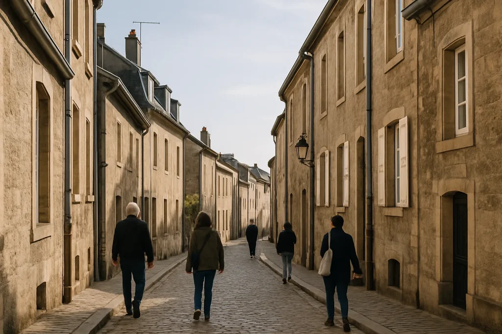 Ruelle à Longwy avec des passants, bâtiments en pierre et ciel dégagé.