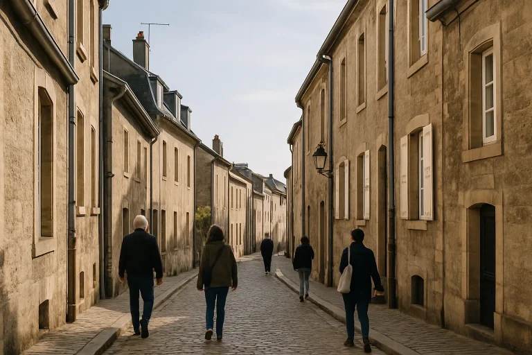 Ruelle à Longwy avec des passants, bâtiments en pierre et ciel dégagé.