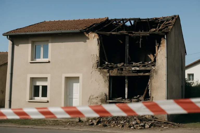 Maison endommagée à Toul avec ruban de sécurité, potentielle couverture par assurance.