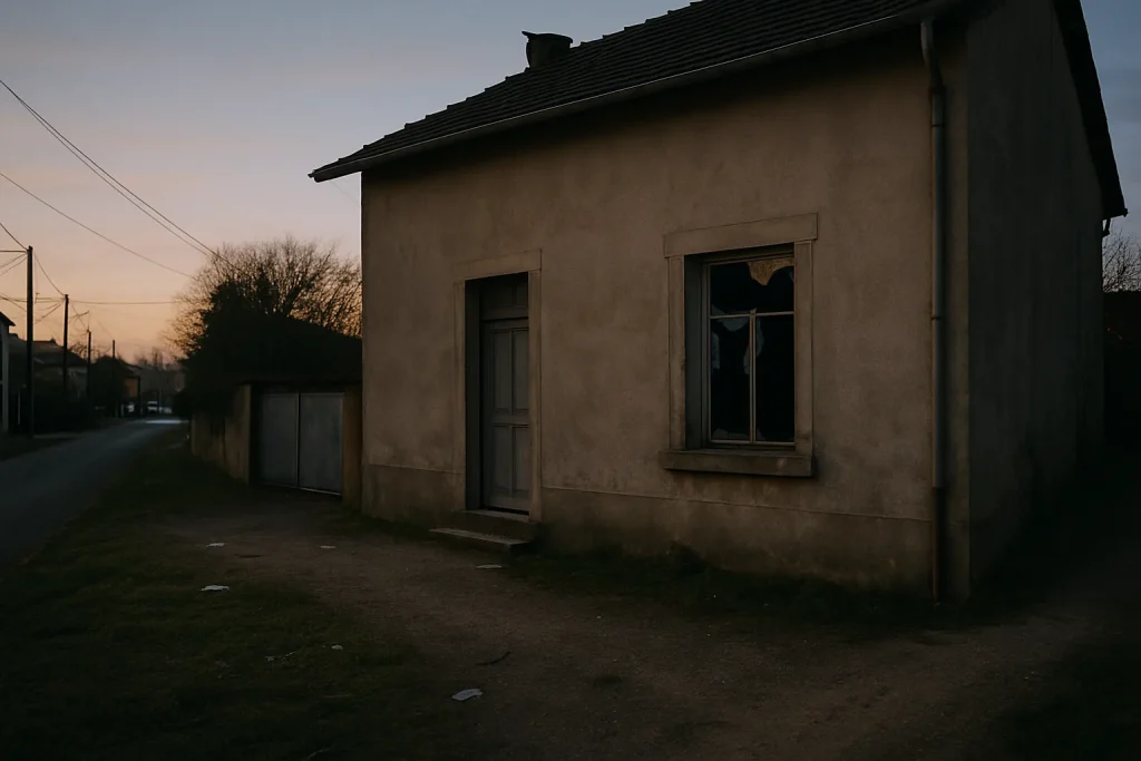 Vue d'une maison à Jarny en soirée, fenêtre brisée, lumière tamisée