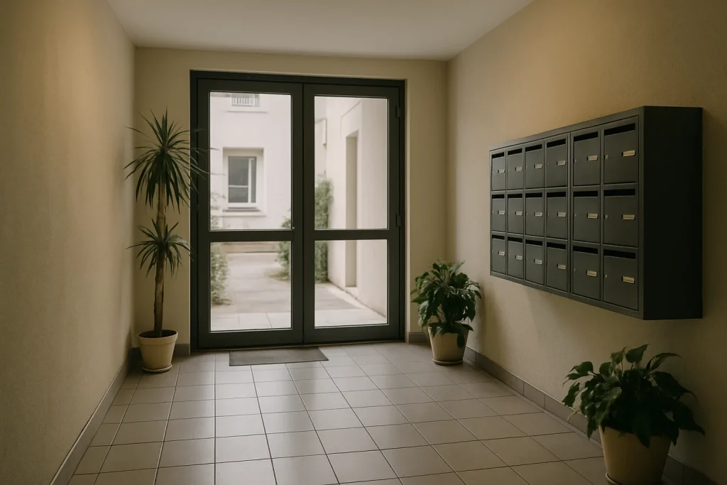 Hall d'entrée propre et soigné d'un immeuble de copropriété à Toul avec plantes.