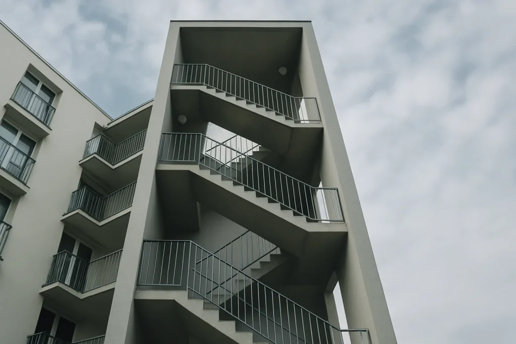 Vue extérieure d'une cage d'escalier moderne à Vandœuvre-lès-Nancy, lumière du jour