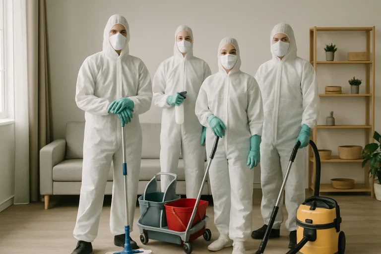 Équipe de nettoyage en combinaison travaillant dans une maison en Meurthe-et-Moselle.