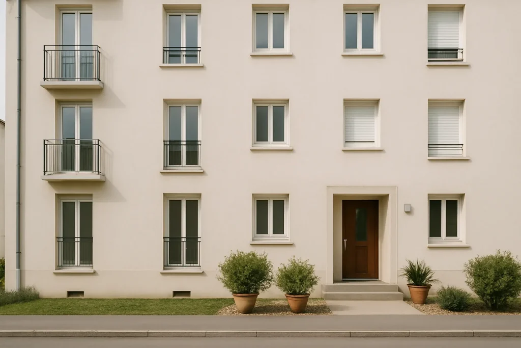 Façade d'un immeuble résidentiel à Maxéville, entrée principale et plantes en pot.