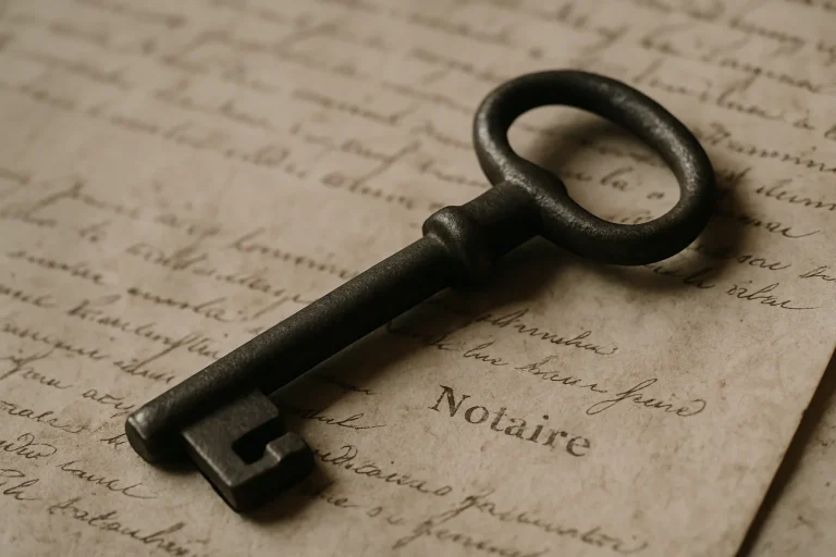 Une clé ancienne repose sur un document notarié, éclairage doux.