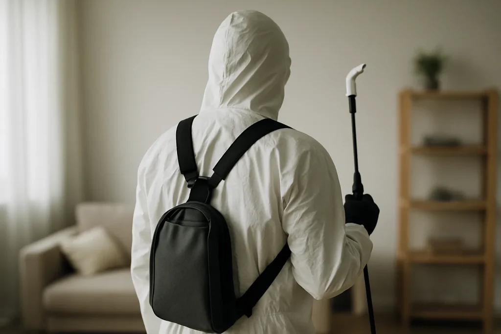 Silhouette de dos d'un professionnel en combinaison dans un salon, meubles en arrière-plan.