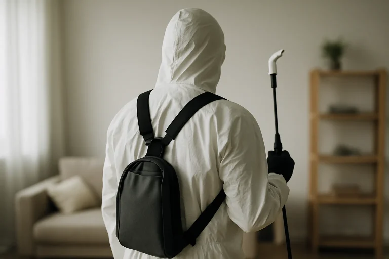 Silhouette de dos d'un professionnel en combinaison dans un salon, meubles en arrière-plan.