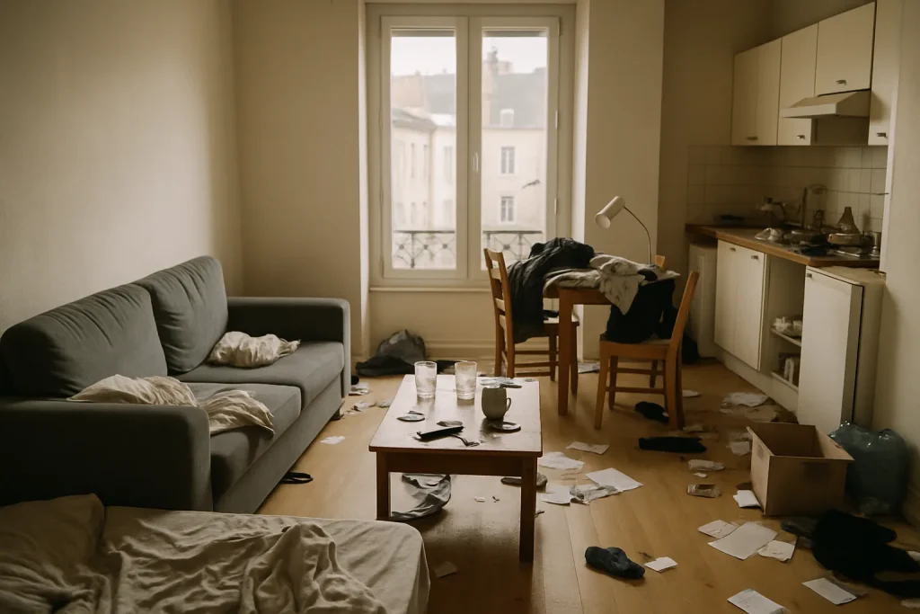Vue d'un appartement désorganisé à Nancy avant un nettoyage extrême