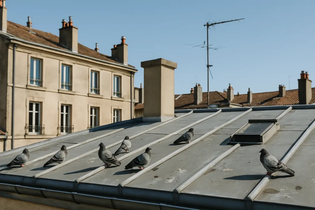 Toit d'immeuble à Nancy avec pigeons et fientes visibles, ciel dégagé