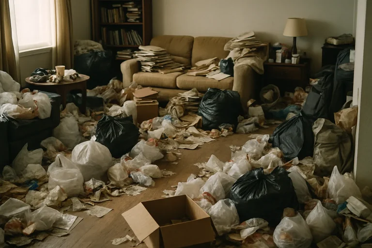 Intérieur encombré de déchets et objets divers, nécessitant une évacuation