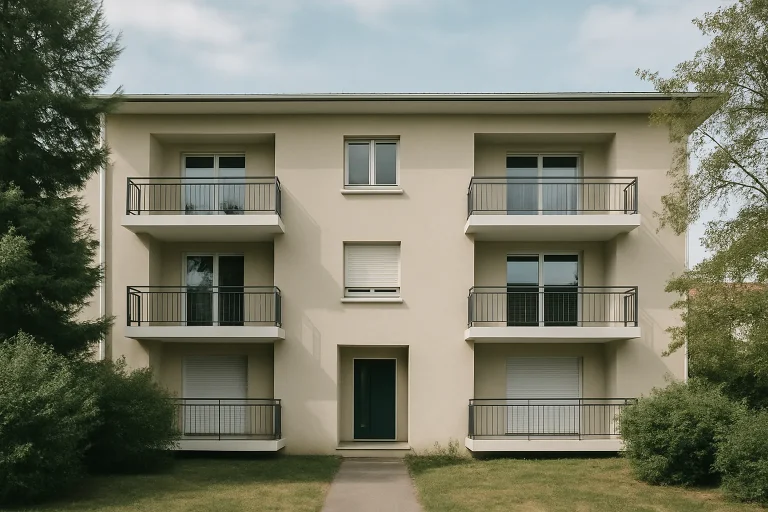 Vue extérieure d'une petite copropriété moderne à Saint-Max, sous la lumière du jour