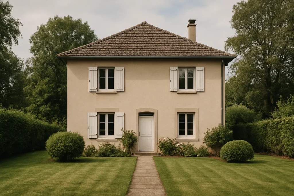Maison en Meurthe-et-Moselle avec jardin, perspective frontale en plein jour