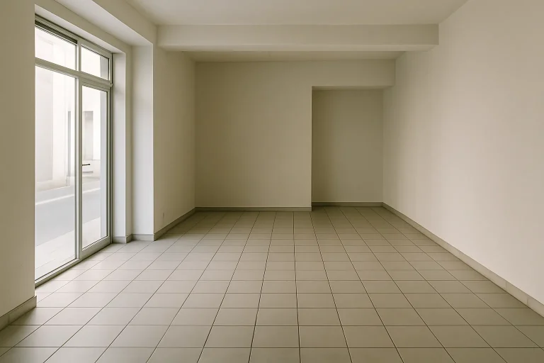 Intérieur d'un local commercial propre avec sol en carrelage, vue en plongée