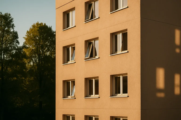 Bâtiment avec fenêtres ouvertes et lumière dorée, prêt pour un traitement d'odeurs