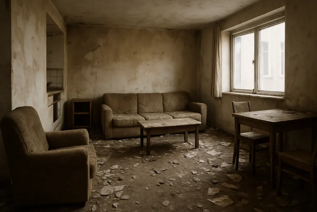 Vue d'un appartement insalubre avec mobilier dégradé et débris au sol.