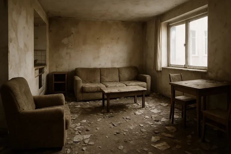 Vue d'un appartement insalubre avec mobilier dégradé et débris au sol.
