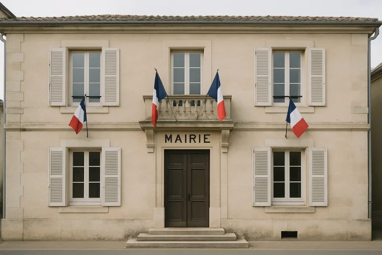 Façade d'une mairie avec drapeaux français, lumière douce