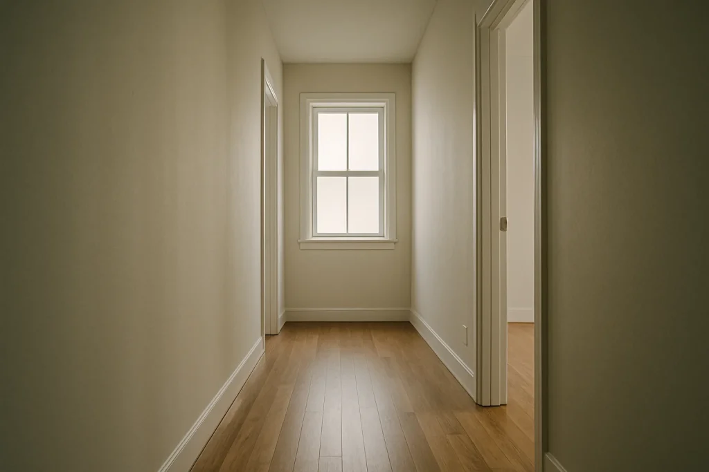 Un couloir d'appartement vide avec lumière naturelle et sol en parquet.