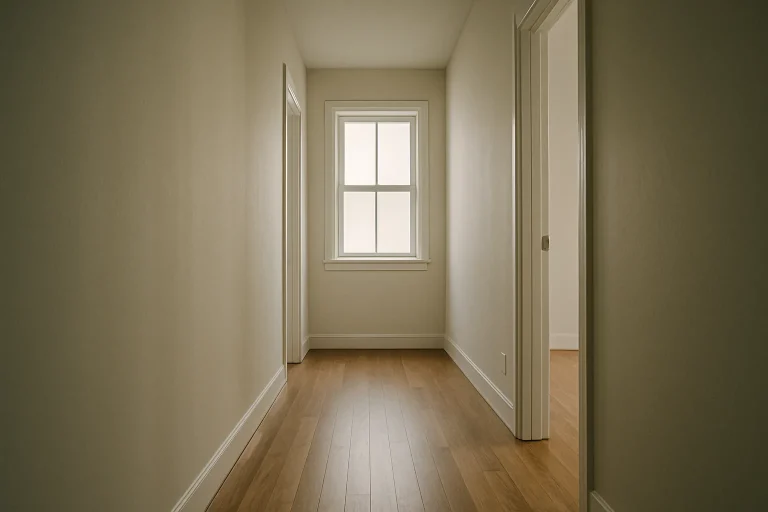 Un couloir d'appartement vide avec lumière naturelle et sol en parquet.