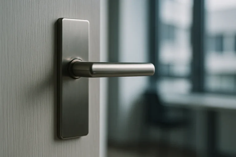 Gros plan sur une poignée de porte en acier inoxydable dans un bureau, lumière douce.