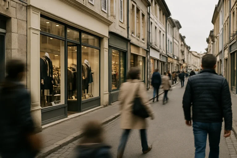 Vue extérieure de commerces alimentaires à Lunéville, rue animée