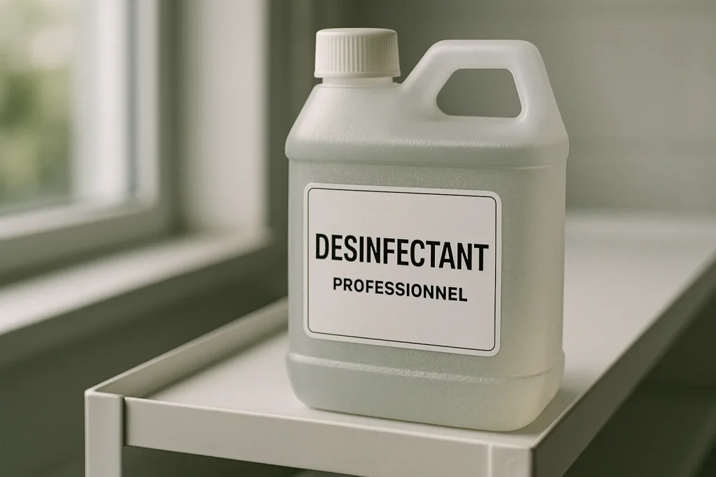 Flacon de désinfectant professionnel sur une étagère, lumière naturelle, détails visibles